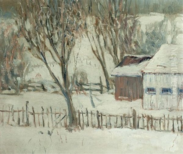 Barns In Winter Oil Painting by Frederick William Hutchison