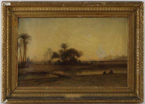 Oasis Dans Le Desert, Paysage Orientaliste Anime Oil Painting by Francois Pierre Barry