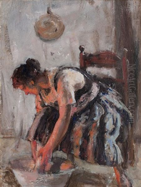 Woman Washing By The Fire Oil Painting by Robert Gemmell Hutchison