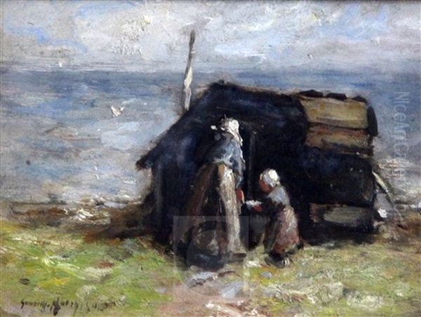 Mother And Child Beside A Hut Oil Painting by Robert Gemmell Hutchison