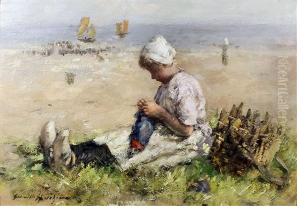 Young Dutch Girl Seated On Dunes Oil Painting by Robert Gemmell Hutchison