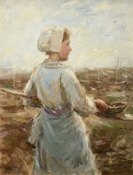 Fisher Girl Standing Before A Coastline Oil Painting by Robert Gemmell Hutchison