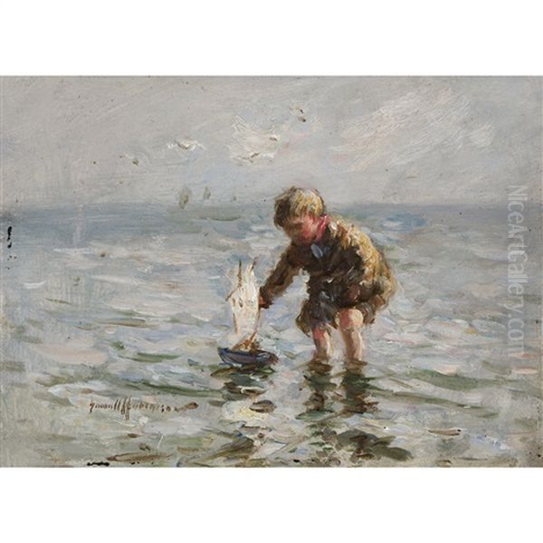 Boy Sailing His Boat Oil Painting by Robert Gemmell Hutchison