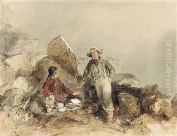 Two Fisherboys With Their Catch On The Beach Oil Painting by Frederick Barry