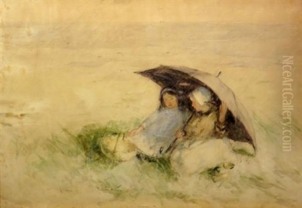 Two In Light Rain On The Beach Oil Painting by Robert Gemmell Hutchison