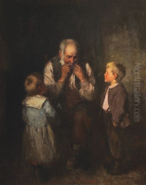 Old Man Playing A Mouth Organ Oil Painting by Robert Gemmell Hutchison