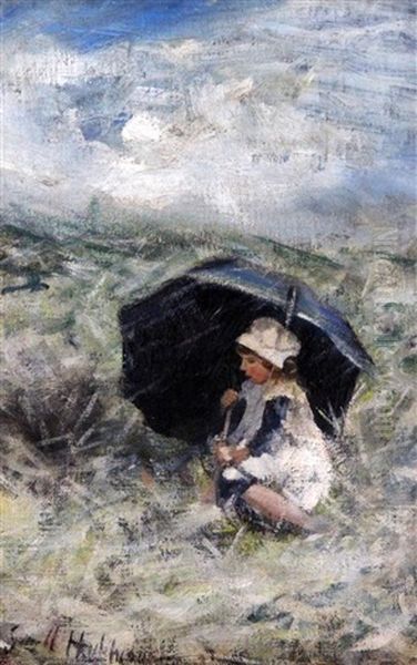 Girl Sheltering Beneath An Umbrella Oil Painting by Robert Gemmell Hutchison