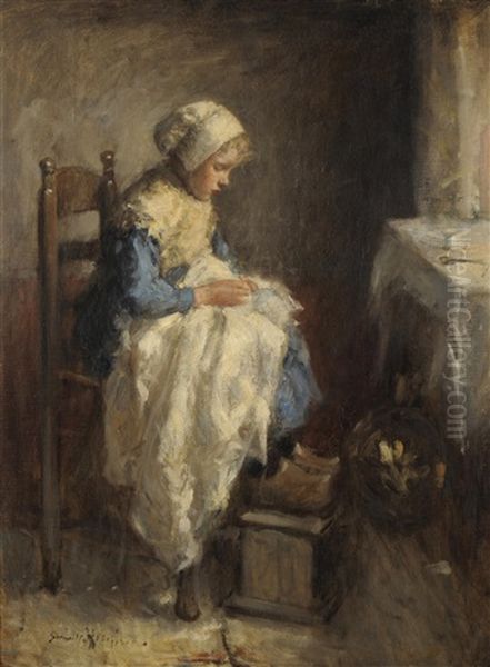 A Young Girl Seated Beside A Window Sewing Oil Painting by Robert Gemmell Hutchison