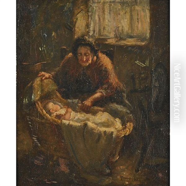 Elderly Woman Baby In A Cradle Oil Painting by Robert Gemmell Hutchison