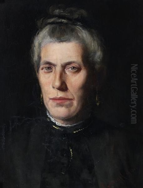 Portrait Of A Lady, Her Grey Hair Tied In A Bun, Wearing A Black Dress Oil Painting by Robert Gemmell Hutchison