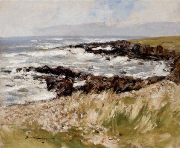 A Rocky Cove Oil Painting by Robert Gemmell Hutchison