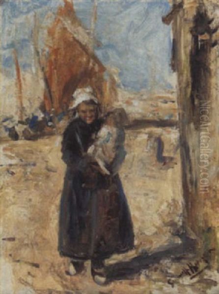 Mother And Child On A Dutch Quay Oil Painting by Robert Gemmell Hutchison