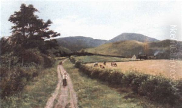 Girl On A Country Lane Oil Painting by Robert Gemmell Hutchison