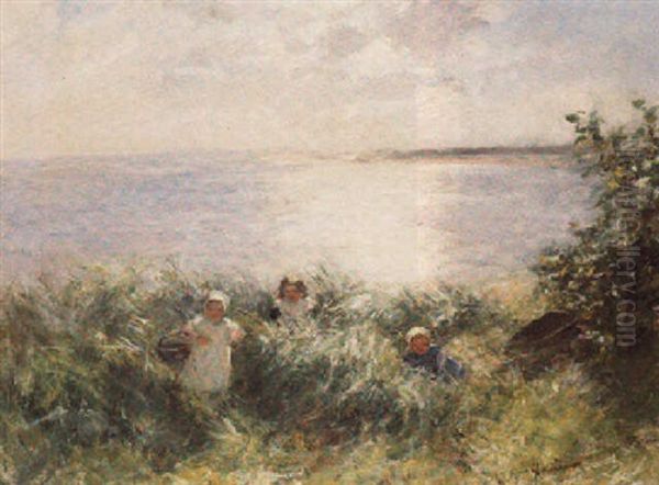 Young Girls Picking Flowers By The Sea Oil Painting by Robert Gemmell Hutchison