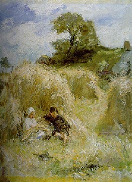 Children Playing In The Cornstooks Oil Painting by Robert Gemmell Hutchison