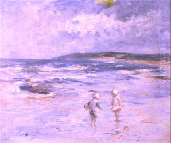 Children Paddling, Machrihanish Bay Oil Painting by Robert Gemmell Hutchison