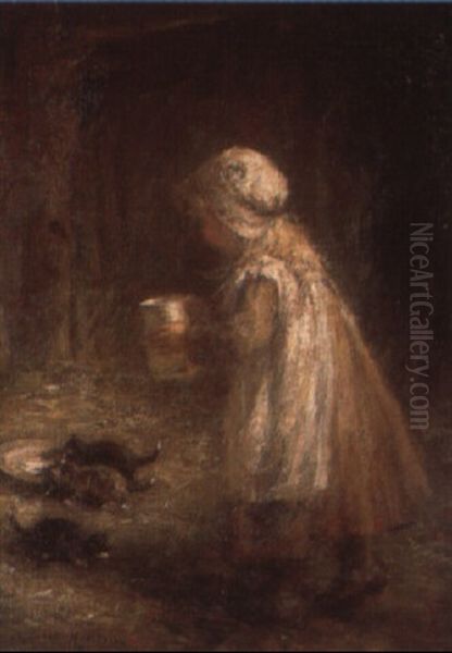 Kittens Feeding Oil Painting by Robert Gemmell Hutchison