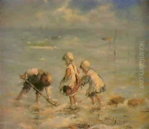 Children Shrimping Oil Painting by Robert Gemmell Hutchison