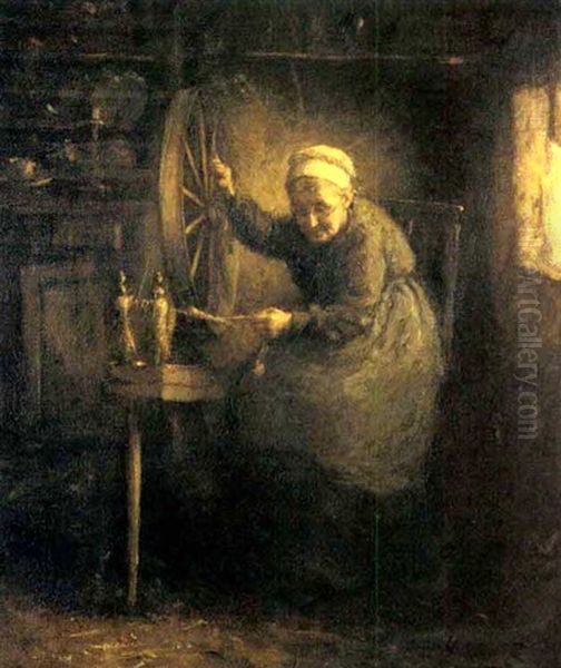 Old Woman Spinning Oil Painting by Robert Gemmell Hutchison