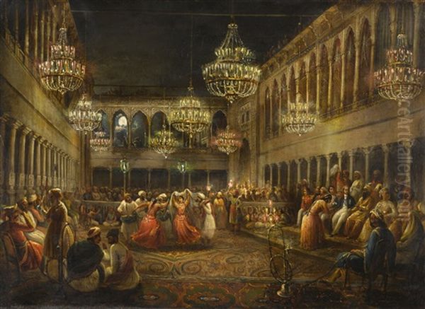 A Nautch At The Court Of Humayun Jah, Nawab Of Bengal (1810-1838) At Murshidabad, With The Nawab And The British Resident Seated On The Right Oil Painting by William Henry Florio Hutchisson