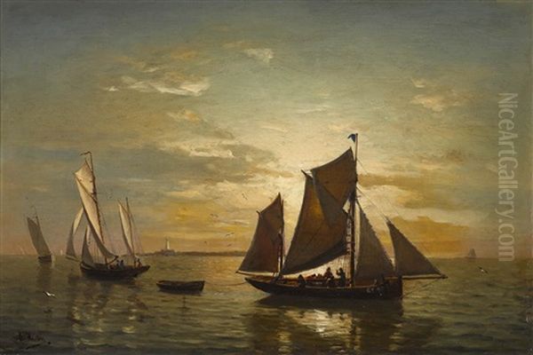 Segelschiffe Vor Sonnenuntergang Oil Painting by Julius Huth