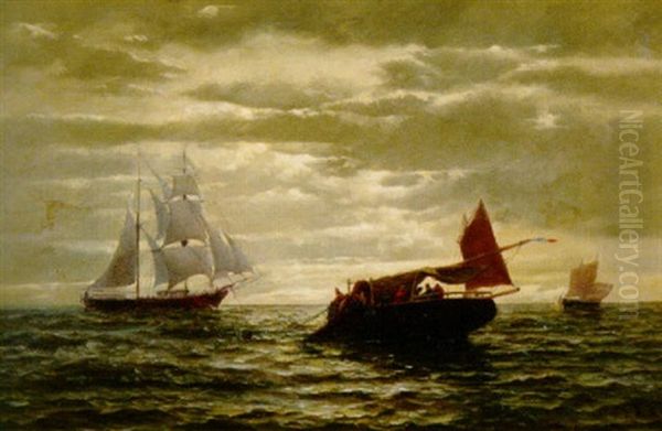 Marine. Dreimaster Bei Einem Fischerboot Oil Painting by Julius Huth