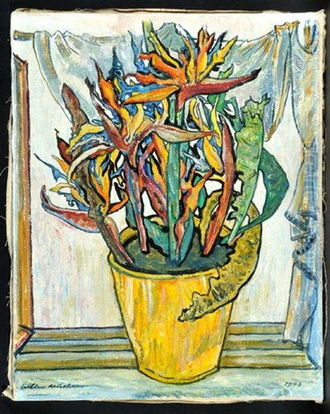 Blumenstillleben - Papageienschnabel Im Topf Vor Fenster Oil Painting by Julius Huether