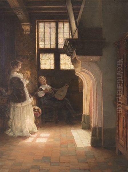 Couple With Dog By The Fireplace Oil Painting by Rudolf Huthsteiner