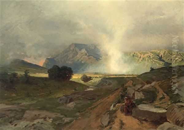 Monch In Weiter Landschaft (monte Cassino?) Oil Painting by Rudolf Huthsteiner