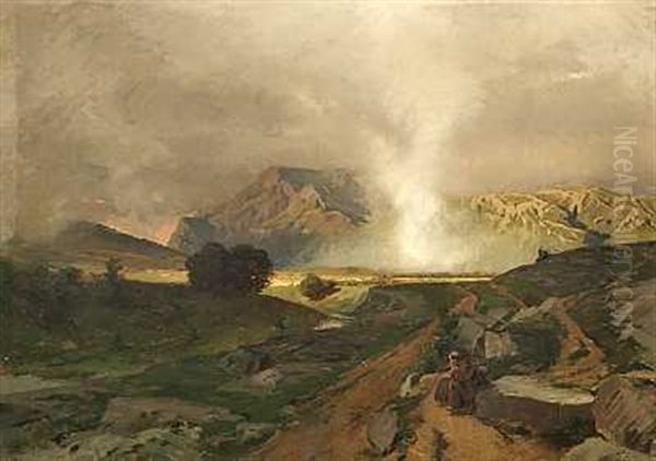 Munk, Der Holder Hvil I Et Bjergrigt Landskab Under Optraekkende Uvejr Oil Painting by Rudolf Huthsteiner