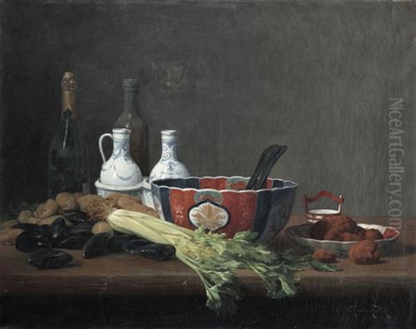 Nature Morte Aux Truffes, Au Celeri, Aux Moules Et Au Bol Chinois Oil Painting by Charles Hutin