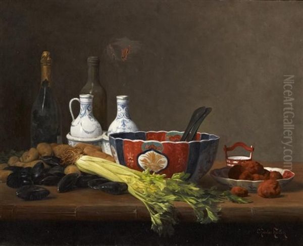 La Salade Japonaise. Stillleben Mit Japanischem Porzellan, Wein, Fisch Und Gemuse Oil Painting by Charles Hutin