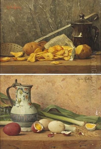 Poireaux Et Oeufs Sur Un Entablement (+ Pommes Pelees Et Ecumoire Sur Un Entablement; Pair) Oil Painting by Charles Hutin