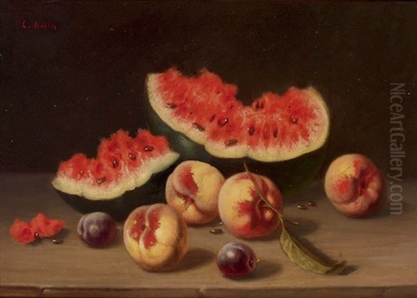 Fruchtestillleben Mit Melonenstucken, Pfirsichen Und Zwetschgen Oil Painting by Charles Hutin