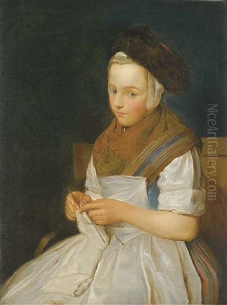 Jeune Saxonne Tricotant Oil Painting by Charles Francois Hutin