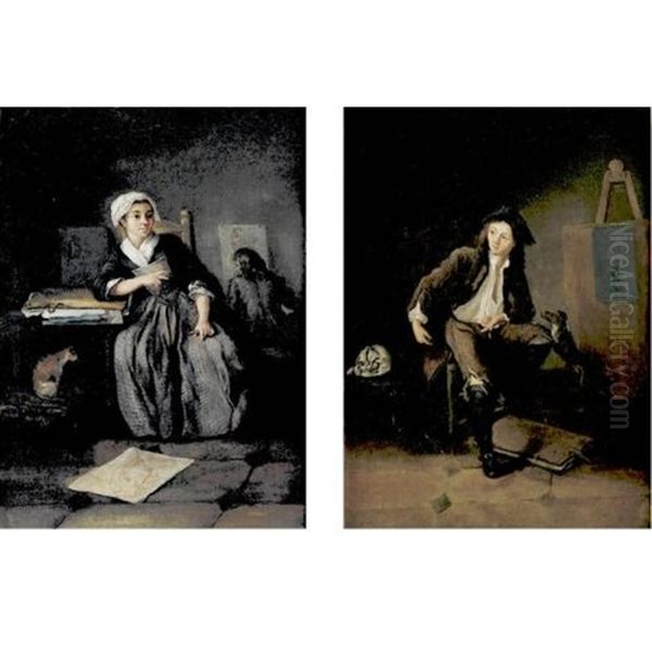 Two Young Artists In Their Studio (+ Another, Similar; Pair) Oil Painting by Charles Francois Hutin