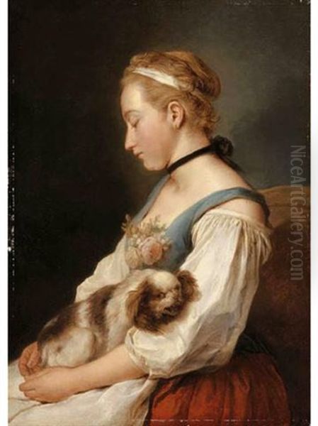 Portrait Of A Young Woman, Holding A Spaniel Oil Painting by Charles Francois Hutin