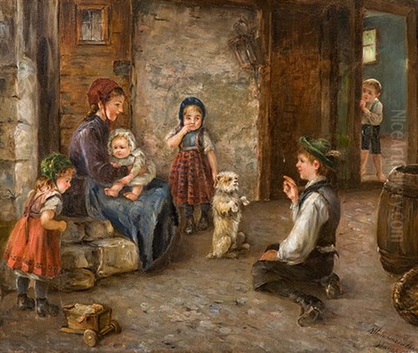 Spielende Kinder Mit Hund Oil Painting by Arthur Hutschenreuter