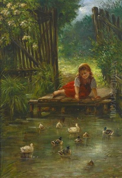 Kleines Madchen Spielt Am Ententeich An Einem Fruhsommertag Oil Painting by Arthur Hutschenreuter