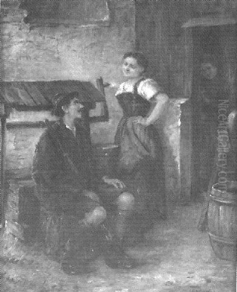 Eine Bauerin Belauscht Das Gesprach Zwischen Einem Jungen Madchen Und Einem Jager Oil Painting by Arthur Hutschenreuter