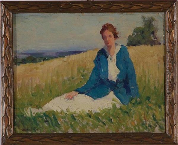 Figure In Autumn Landscape Oil Painting by Alfred Heber Hutty