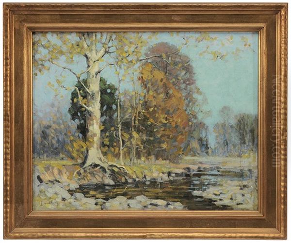 Autumn Trees By A River Oil Painting by Alfred Heber Hutty