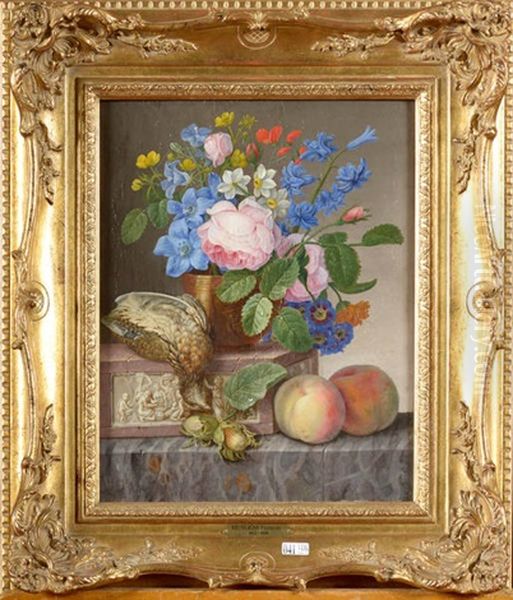 Bouquet De Fleurs Avec Peches Oil Painting by Francois Joseph Huygens