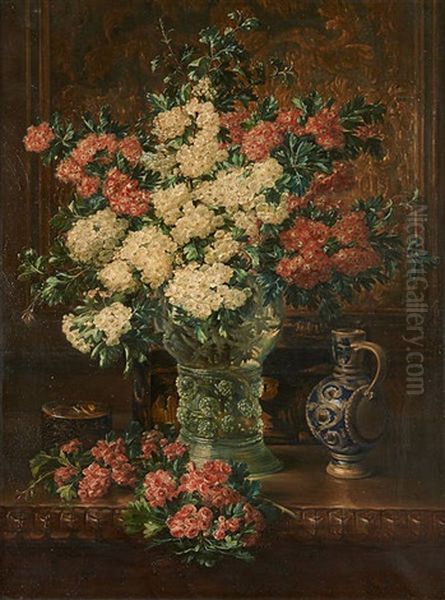 Aubepines Blanches Et Roses Et Verre De Boheme Oil Painting by Francois Joseph Huygens