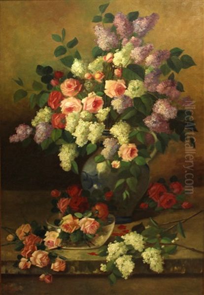 A Still Life With Roses And Lilacs In A Blue Vase Oil Painting by Francois Joseph Huygens