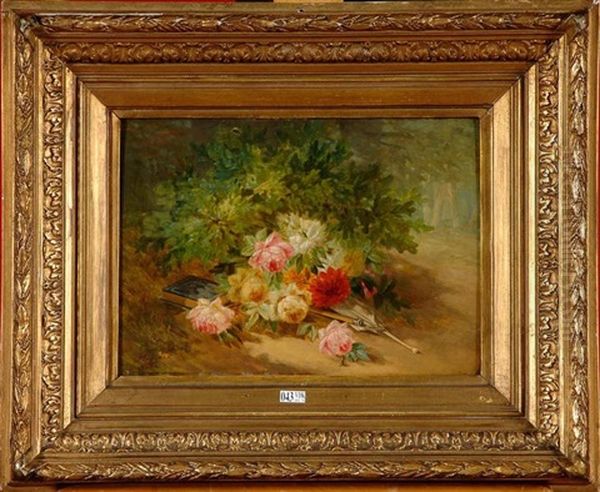 Gerbe De Fleurs A L'ombrelle Et Au Livre Oil Painting by Francois Joseph Huygens