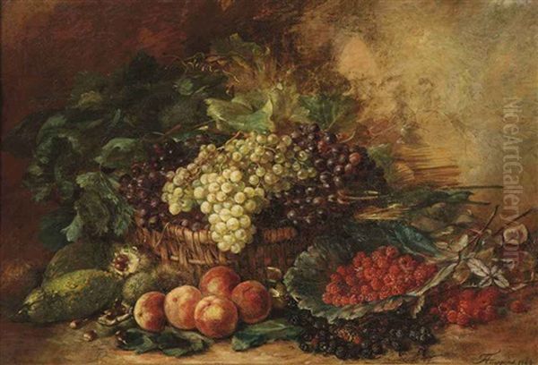 White And Black Grapes In A Wicker Basket, Surrounded By Gourds, Chestnuts, Peaches, Raspberries And Blackberries Oil Painting by Francois Joseph Huygens