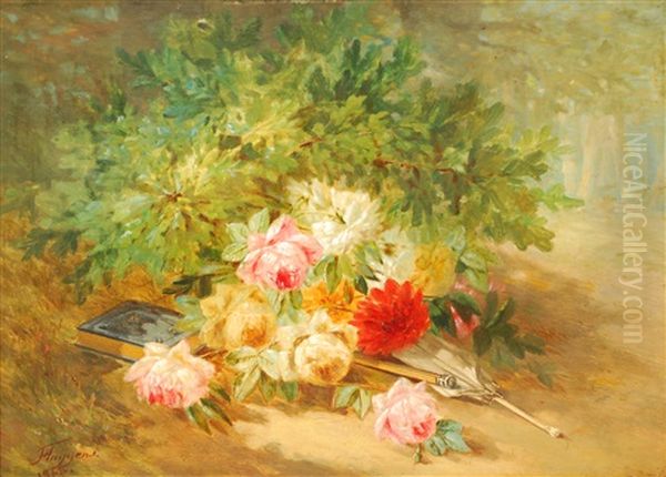 Bouquet De Fleurs Avec Livre Et Parasol Oil Painting by Francois Joseph Huygens