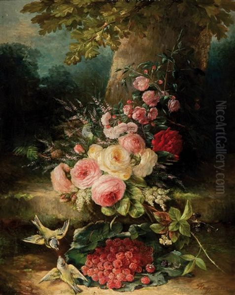 Fleurs Et Oiseaux Oil Painting by Francois Joseph Huygens