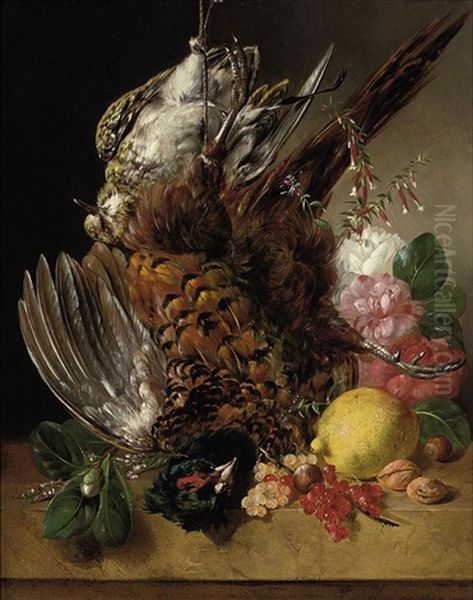 Game, Roses, A Lemon, Walnuts On A Ledge Oil Painting by Francois Joseph Huygens